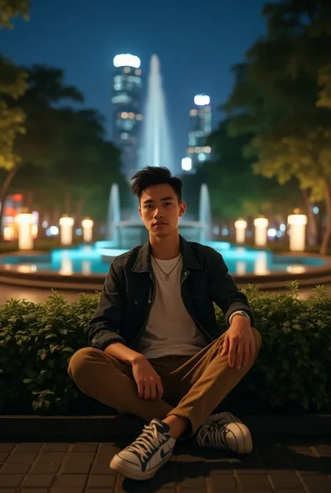 Handsome Indonesian teenager, contemporary hair style, wearing basic t-shirt jacket, chino trousers, Nike Jordan shoes, sitting in the garden at night, background, roundabout, fountain, city, crossroads, etc., very real image, very detailed image, high qua...