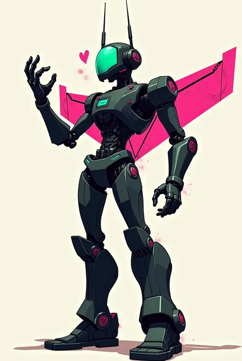 Slim male robot with a scenecore painting (black color,  pink and neon green , and white) and a  (like a transformer )  comic-style viewer  ( painting that NO NO NO NO DOESNT look like Optimus Prime
) Like with double antennas and two airplane wings on the...