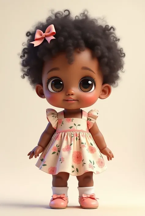 Brown-skinned  baby  ,  little black baby hair, standing, chubby, black eyes, floral dress, pink ribbon slipper ,  white stockings , bow in the hair