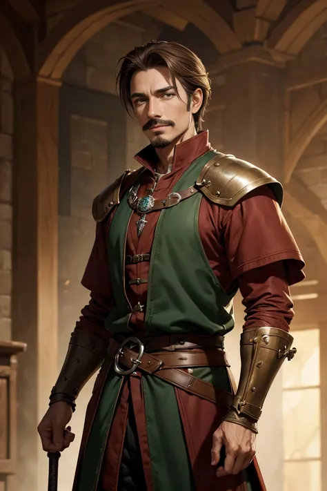 male, medieval fantasy, stark, with light brown hair and a moustache, goatee, wearing red duelist clothes, happy smile, fully body, standing alone, fancy, Medieval RPG, Closeup portrait, 4 k image, 超A high resolution, inside noble court, High details, best...