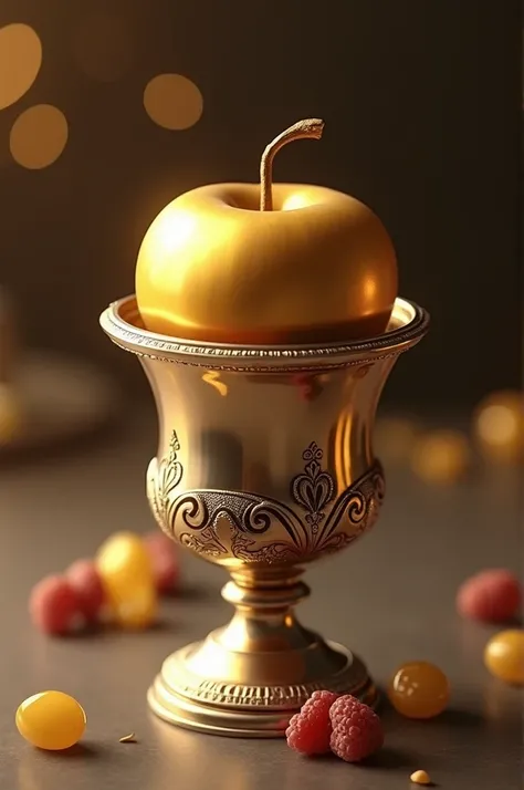 Golden apple in silver cup