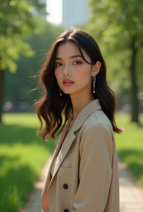 girl,solo, perfect face,wearing a hot, possessing natural elegance, walking along a city park，