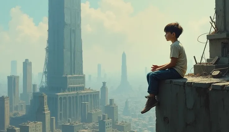 dreamy boy sitting on the edge of a skyscraper in a post-apocalyptic city in ruins, impressionist oil painting, impasto, visible brush strokes, in the style of William Turner and Claude Monet