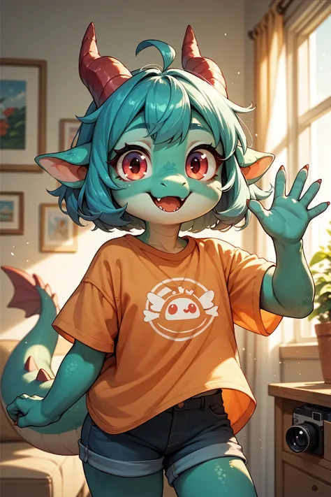 A cute anthropomorphic dragon girl waving at the camera with her right hand