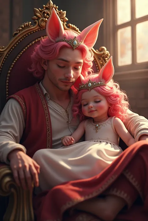 A beautiful young piglin princess, Technoblade the piglin blood god is her dad, sitting in her dads lap on his thrown, wearing a dress, curly pink hair, indoors, soft lighting, window with sunlight, cozy room, relaxed pose, with piglin ears and a tiara.