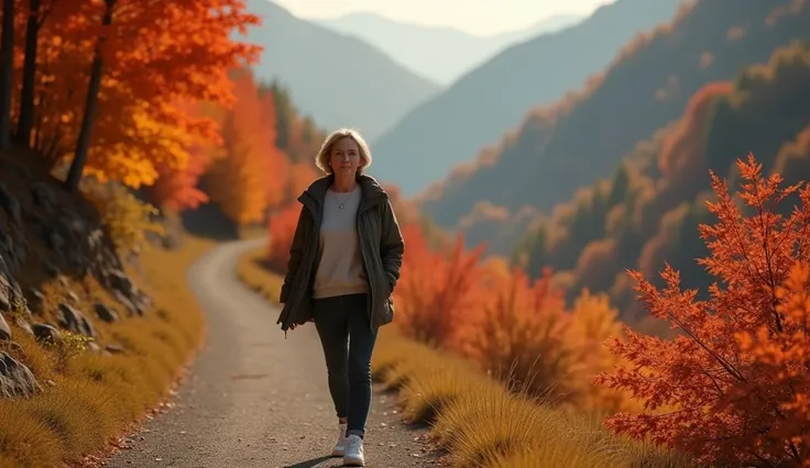  A woman in her 40s who looks quiet and tidy. Highly detailed masterpiece 8K high resolution content，Autumn mountain valley， Red and yellow autumn leaves ，， scenery， Warm lighting background ， Im walking along a narrow path with an alpine curve， perfect fa...