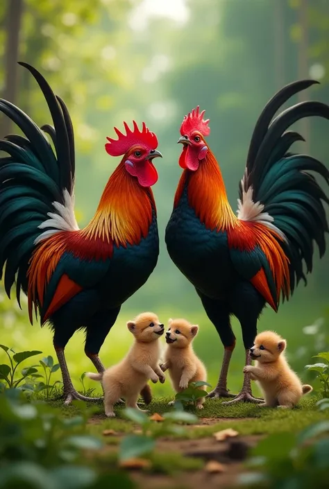 Big roosters raise their wings, little cubs