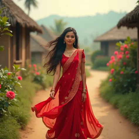 A beautiful 20 years old girl wearing Indian red color saree, playing with s in the village, 4k ultra HD realistic image