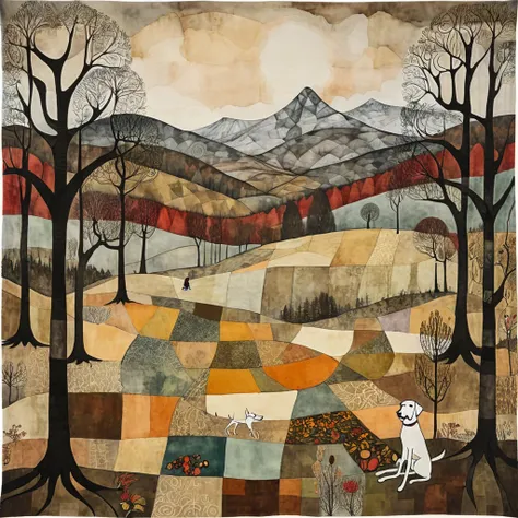 surreal art, art brut, whimsical, gloomy, desaturated colors, in the style of Paul Klee, Arthur Rackham. in the clearing of a forest, late autumn, a woman is sitting, along with her dog (brown) labrador, on a wide patchwork blanket. Behind it opens a large...