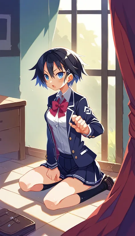 NSFW Partially Unbanned, Uncensored, Super High Definition, One Little Girl, School Blazer, Uniform, See-Through, 40 Denier Black Tights, Purplish Black Hair, Short Hair, Blue Eyes, Medium Breasts, Expression of Despair, Kneeling to Viewers