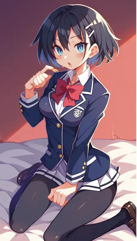 NSFW Partially Unbanned, Uncensored, Super High Definition, One Little Girl, School Blazer, Uniform, See-Through, 40 Denier Black Tights, Purplish Black Hair, Short Hair, Blue Eyes, Medium Breasts, Expression of Despair, Kneeling to Viewers