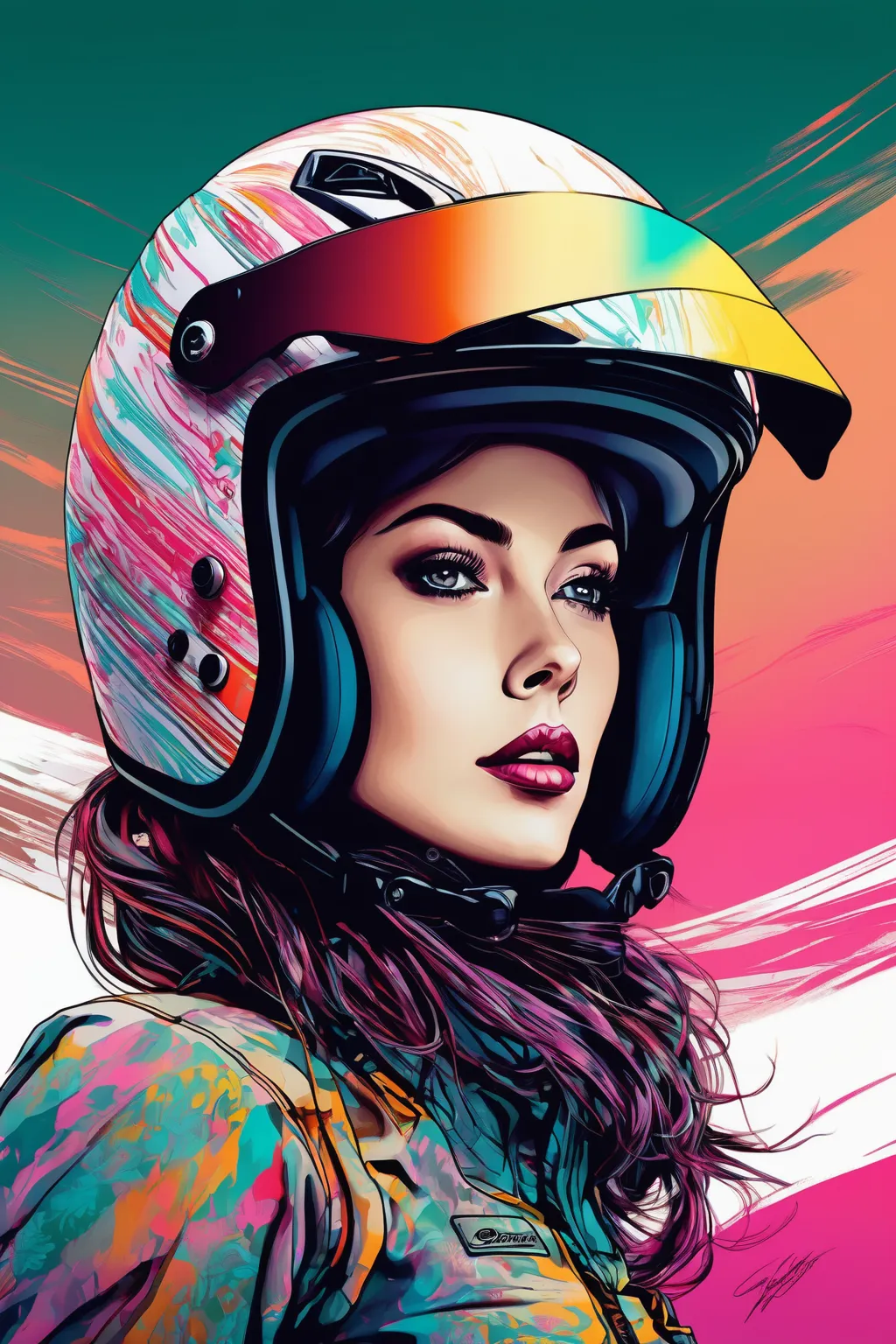 enduro beautiful woman wearing helme motocross chiaroscuro technique on sensual illustration of an elegant woman, vintage , eeri...