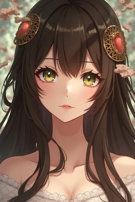 An anime female character with brown green eyes,  long brown hair with a falseted chin 