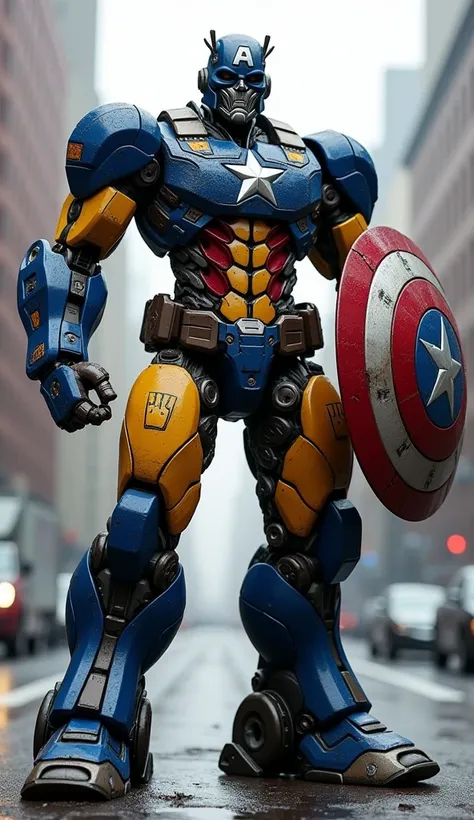 hybrid captain america with transformer autobot,, blue robot like captain america, holding captain americas shield, muscular, becomes a very scary figure, yellow iron robot with spider pattern, city background, full body shot, realistic