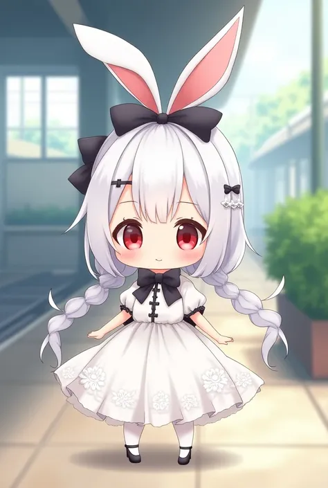 Cute anime-style chibi girl(red eyes,white rabbit ears, wearing pretty white dress embroidered with shiny white silk, luxuriously braided long white hair, big black hair bow) waiting for the train 