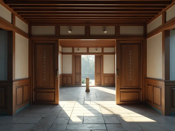 Large entrance hall,真ん中に大理石で出来た小さな石柱に碑文が書かれている、 In the back of the room, an inscription is written on a small marble pillar in the middle of the wooden door that goes out into the hallway 、Seminar house 、quality、Its a Western-style building with a low ceil...