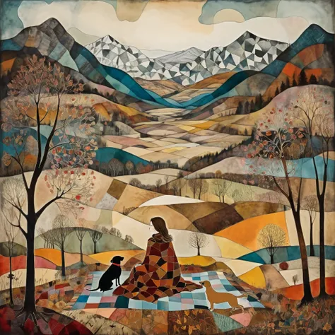 in the clearing of a forest, late autumn, a woman is sitting, along with her dog (brown) labrador, on a wide patchwork blanket. Behind it opens a large valley with high snowy mountains. surreal art, art brut, whimsical, gloomy, desaturated colors, in the s...