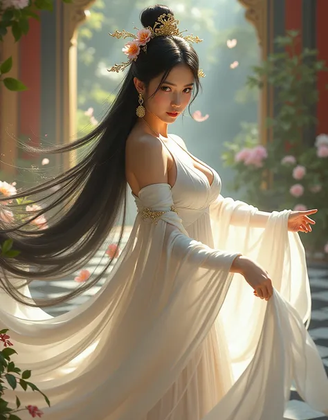 Chinese princess, a woman with long straight hair, big breasts, wearing a luxurious, simple, long white shawl, a white dress, an abundance of gold metal hair ornaments, flowers, high hair boxing in a palace with flowers, looking at the camera, holding a lo...