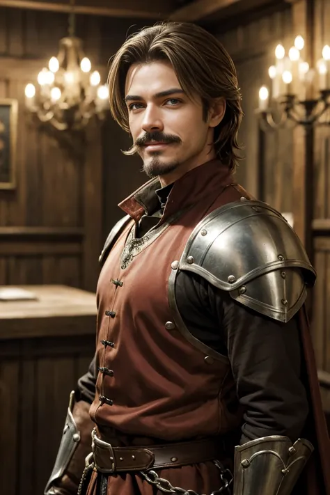 male, medieval fantasy, stark, with light brown hair and a moustache, goatee, wearing red duelist clothes, happy smile, smiling, fully body, standing alone, fancy, Medieval RPG, Closeup portrait, 4 k image, 超A high resolution, inside noble court, High deta...