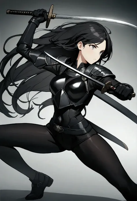 black hair, long flowing hair, age 20, cinematic, light gray eyes, 1 girl, beautiful girl, long tight dark black leggings, tight gray chest armor, epic, black gloves, modern warrior holding 2 swords, masterpiece, left hand holding a sword, right hand holdi...