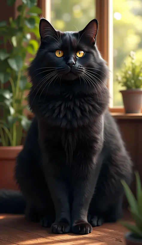 Create a realistic image of a tall and strong black cat with long fur. The cat should have striking golden eyes that stand out against its dark coat. The setting can be a cozy indoor environment, with soft lighting that highlights the cats features, or an ...