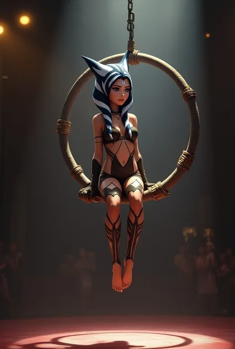 Ahsoka Tano,  circus acrobat , Evening, piel Blanca, Long Black and Blue Hair , anime,  sitting on an acrobatic hoop, barefoot,  interior Reflector Light 