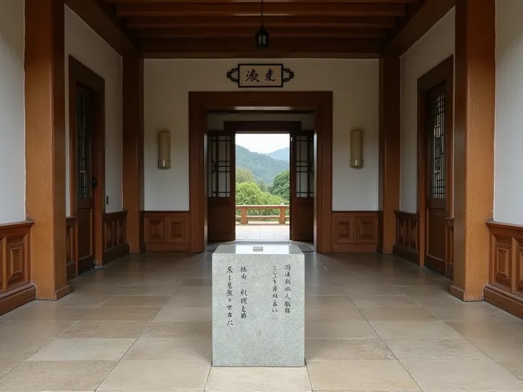 Large entrance hall,The inscription is written on a small stone pillar made of marble in the center、 In the back of the room, an inscription is written on a small marble pillar in the middle of the wooden door that goes out into the hallway 、Seminar house ...