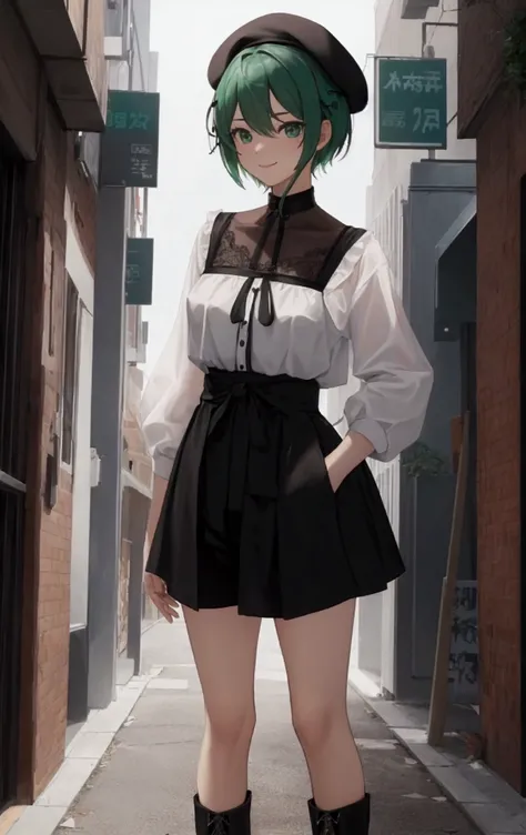 （（Best Quality））、（（creation））、（（Emerald green short hair））、（（Long nape））、（（black long sleeve blouse））、（（ black shorts ））、（（Black beret））、（（ lace-up boots））、（（smile））、（（Standing））、（（1 person））、（（standing））、（（ fullbody ））、（（toe））、（（Standing posture facing fo...