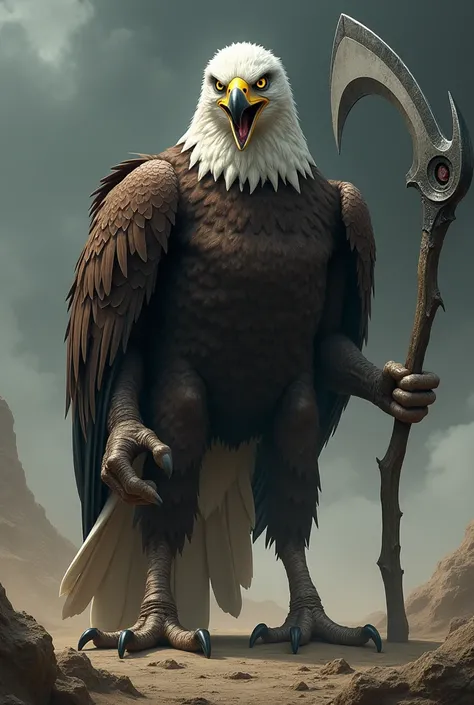 A dangerous bald  eagle stand like man and her hand with a syth image