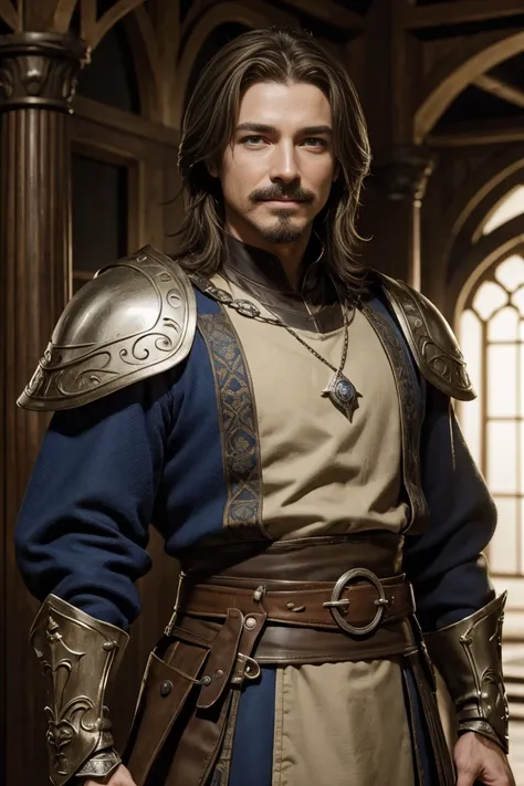 male, medieval fantasy, stark, with light brown hair and a moustache, goatee, wearing blue duelist clothes, happy smile, smiling, fully body, standing alone, fancy, Medieval RPG, Closeup portrait, 4 k image, 超A high resolution, inside noble court, High det...