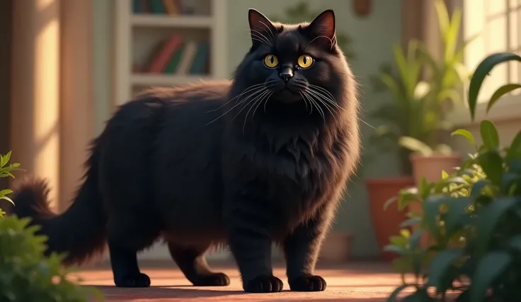 Create a realistic image of a tall and strong black cat with long fur. The cat should have striking golden eyes that stand out against its dark coat. The setting can be a cozy indoor environment, with soft lighting that highlights the cats features, or an ...