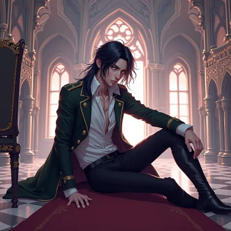 score_9, score_8_up, score_7_up, (adult: 1,2), One, masterpiece, gothic palace ,very handsome young man sitting, cross-legged,  Pale skin,  long black hair,  green eyes ,  shirt  , hussar jacket,  black pants ,  black riding boots