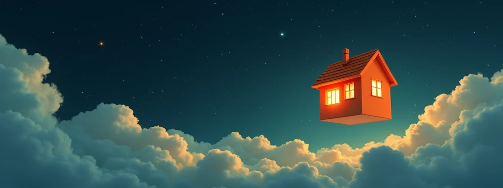 orange house located on the right corner flying above the clouds in the starry night sky