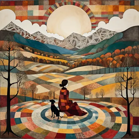 in the clearing of a forest, late autumn, a woman is sitting, along with her dog (brown) labrador, on a wide patchwork blanket. Behind it opens a large valley with high snowy mountains. Clouds and sun, in the shape of a disk, with irregular geometric patte...