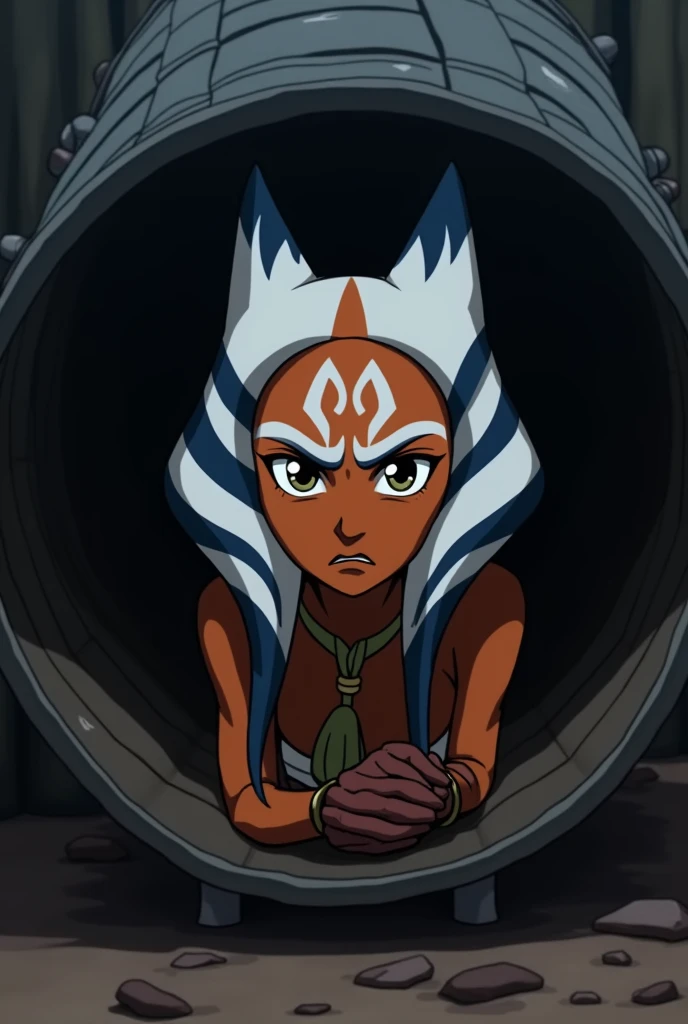 Ahsoka Tano,  tied, Barefoot and Inside a Barrel , anime,  Only the Head Protruding Above the Barrel