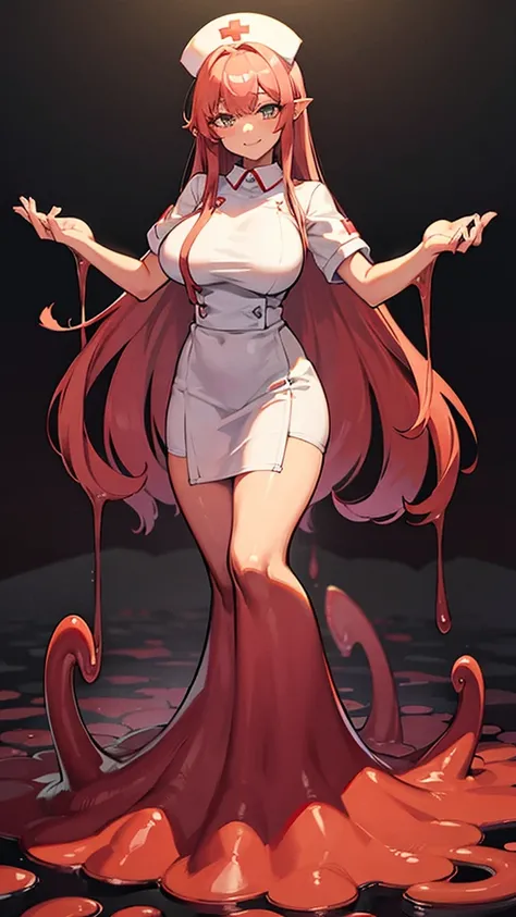 ((masterpiece,best quality,ultra-delicate,Perfect Face,detailed eyes,16k,high resolution,very beautiful girl)),((red slime body ,melting legs:1.5,Best Anime)),sharpnes,clear,The Art of Phenomenal Depictions,melting red long hair,(1 girl),large breasts,(nur...