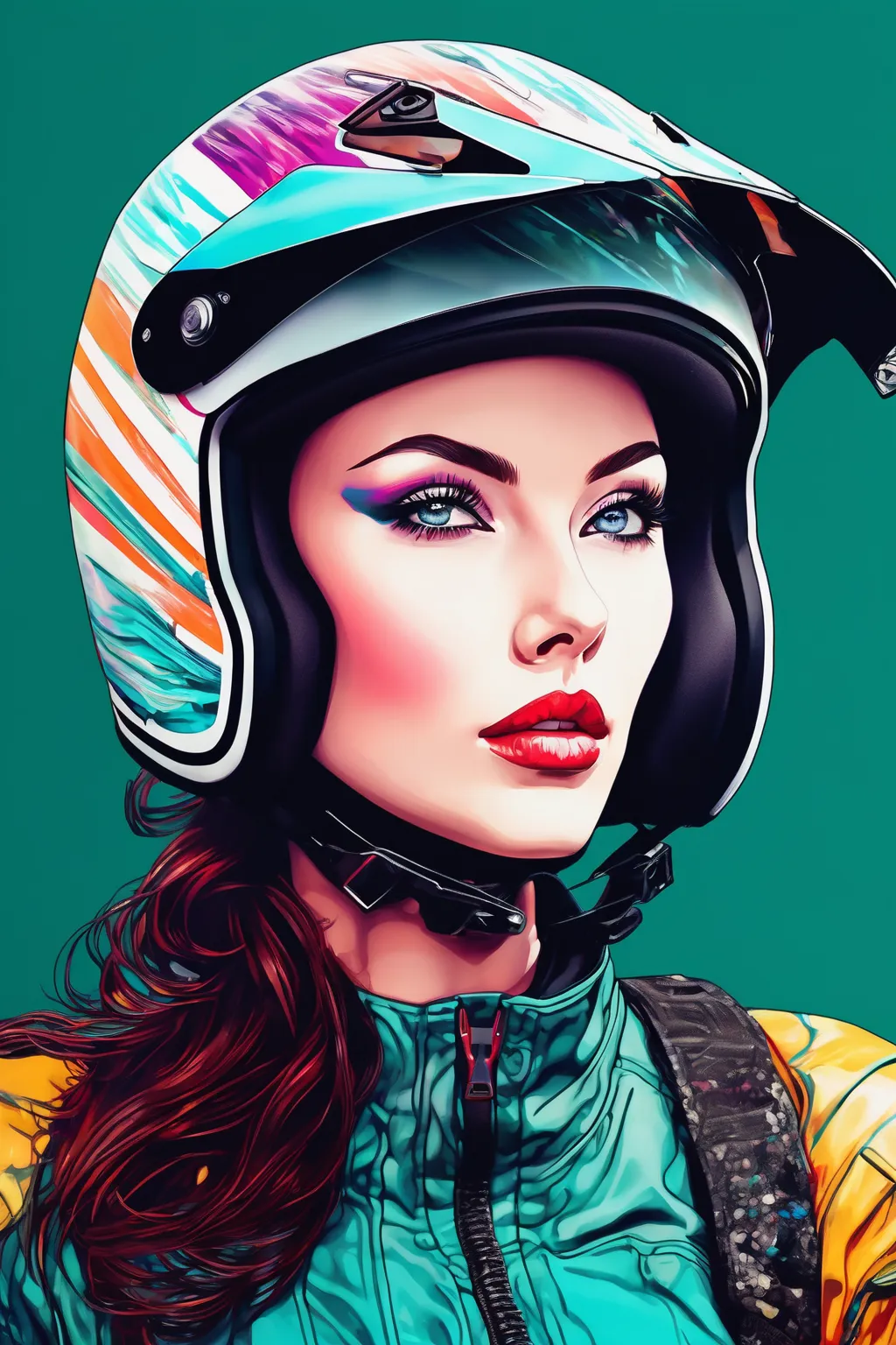 enduro beautiful woman wearing helmet motocross chiaroscuro technique on sensual illustration of an elegant woman, vintage , eer...