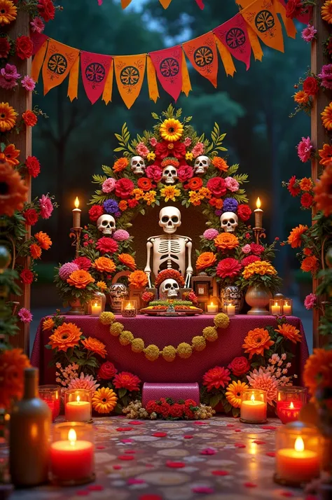 Autel fete des morts au mexique avec des bougies et des fleurs de cempasuchil et du papel picado et des iffrandes et des cranes en sucre et un verre deau, une bouteille de Tequila. Tres decore et beaucoup de couleurs dabs limage.  I A tres realiste. Des pr...