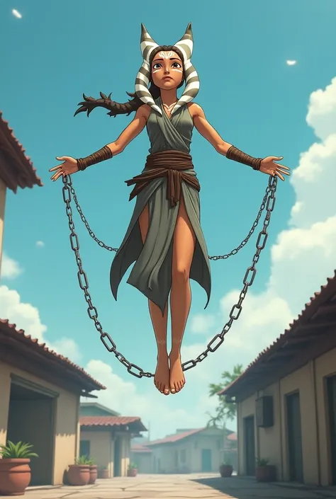 Ahsoka Tano, barefoot,  Floating, anime, with chains on their wrists, From the Roof Are the Chains