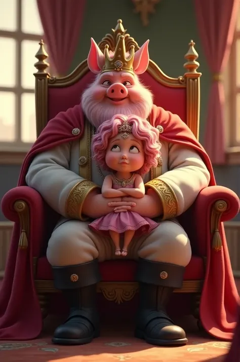 A beautiful young piglin princess, sitting in her dads lap on his thrown, wearing a dress, curly pink hair, indoors, soft lighting, window with sunlight, cozy room, relaxed pose, with piglin ears and a tiara. Her dad has pink hair and and pig ears and a pi...