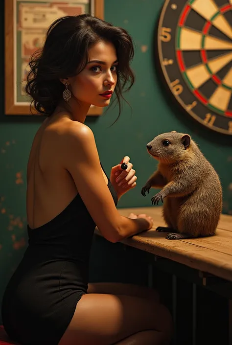 Sexy beauty and marmot playing darts