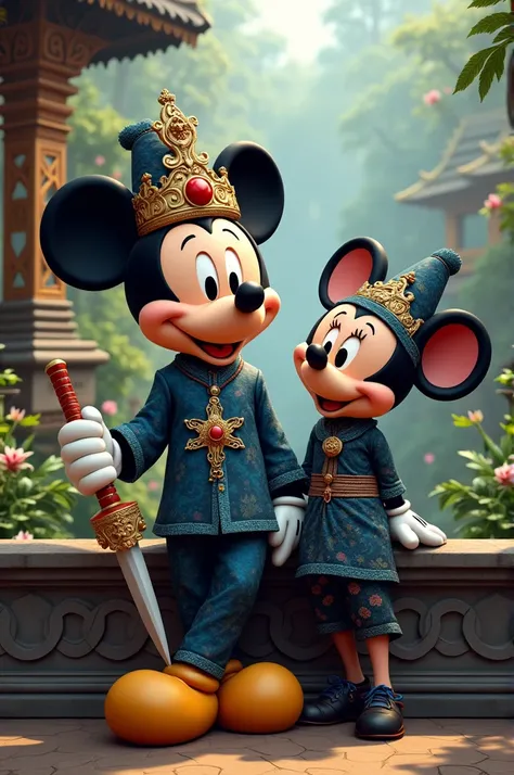 Image of micky mouse using traditional java shirt blue black ,  with blangkon and holding keris leaning with mini mouse using black blue kebaya shirt with batik decoration with Javanese baground