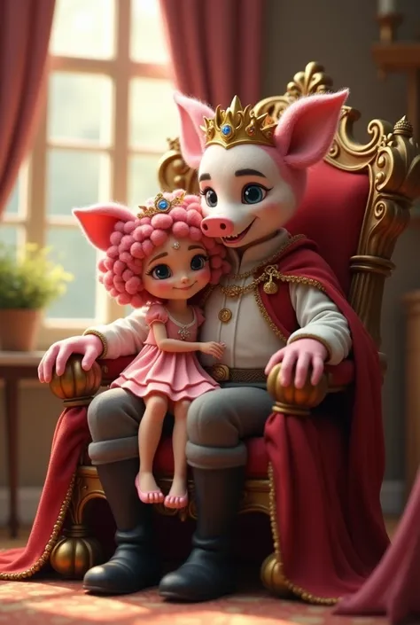 A beautiful young half human half piglin princess, sitting in her dads lap on his thrown, wearing a dress, curly pink hair, indoors, soft lighting, window with sunlight, cozy room, relaxed pose, with piglin ears and a tiara. Her dad is half human half pigl...