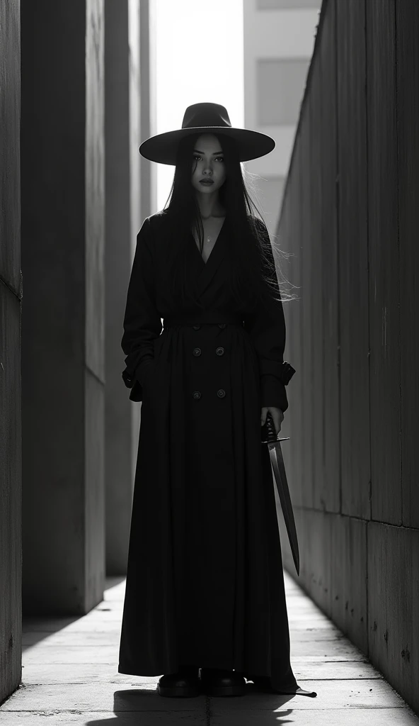  A beautiful Japanese woman wearing a black long trench coat and a wide-brimmed hat is standing、A very long trench coat that extends to her feet 、 There&#39;s a shadow at my feet、Black Hair、Straight long hair up to the chest 、One Length、 staring at the vie...