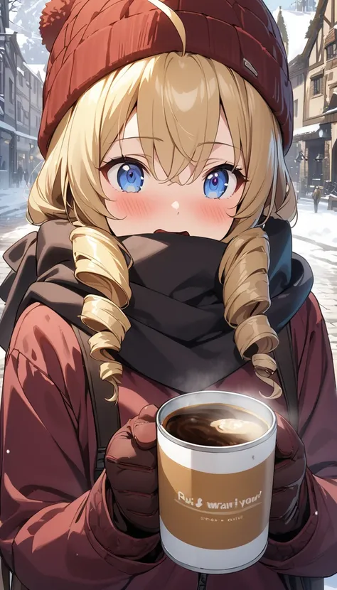 woman、Blonde、Long Hair、Drill Hair、Ahoge、Knitted hat、Blue Eyes、Tree Eyes、Details、Flushed face、 Maroon Sportswear 、 black scarf、 Maroon Sportswear の長いズボン、Mitten gloves、Put warm canned coffee in your mouth 、snow、Winter Scenery、medieval city square background ...