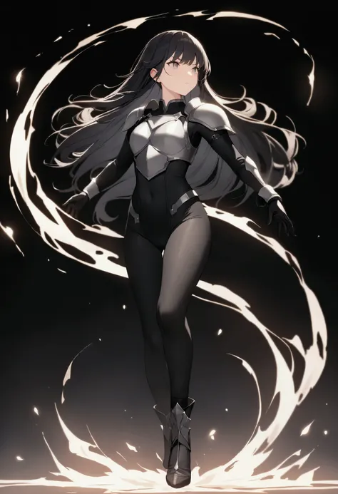 black hair, long flowing hair, age 20, cinematic, light gray eyes, 1 girl, beautiful girl, long tight dark black leggings, tight gray chest armor, epic, black gloves, masterpiece, very detailed, concentrated face, single white circle energy around, depth o...