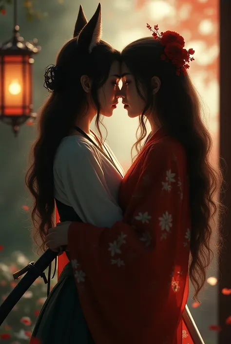 An angry but very beautiful brunette fox girl in a kimono and a katana gently kisses a beautiful Asian brunette girl on the lips and they have sex and feel good 