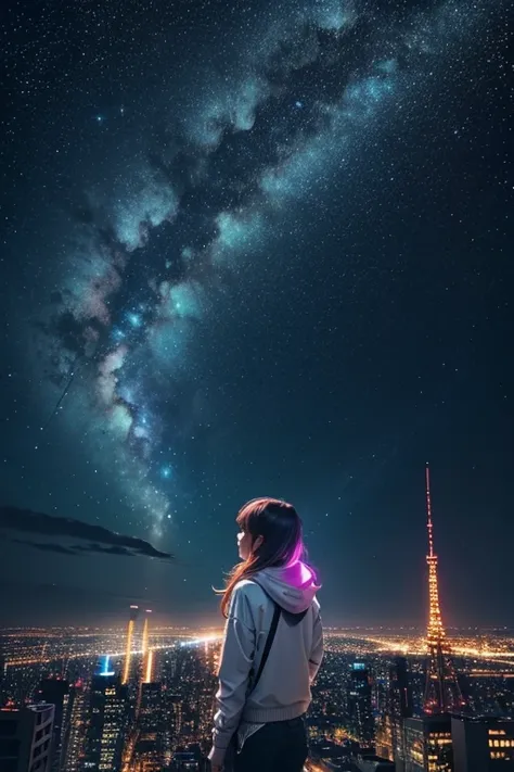 Best Quality、 beautiful starry sky、Neon in the city