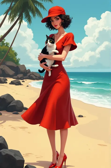 Lady with a fair natural tone skin with dress red short gown wearing k cap with pencil hell curly short hair stand near by goa beech hold a cat in hand 
 