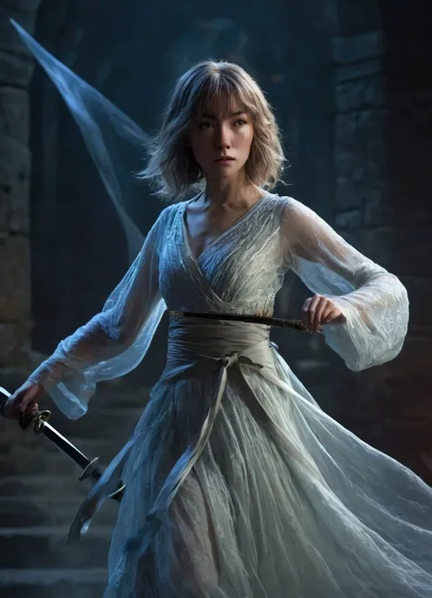 a cute sword master ghost, very translucent, sheer dress, hair and dress in strong breeze, ornate lovely glowing katana, dark dungeon, fighting a goblin, 8k, highly detailed, photorealistic, dramatic lighting, cinematic, fantasy, concept art